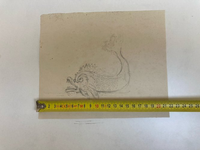 Dessin XIXe 1850 Dauphin Élément Architectural Crayon Décoration Art