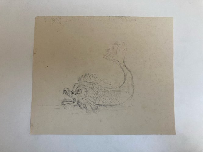 Dessin XIXe 1850 Dauphin Élément Architectural Crayon Décoration Art