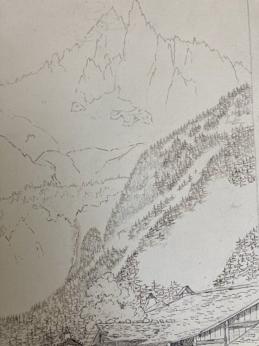 Dessin XIXe 1850 Encre A Identifier Les Aiguilles Dorées Mont Blanc