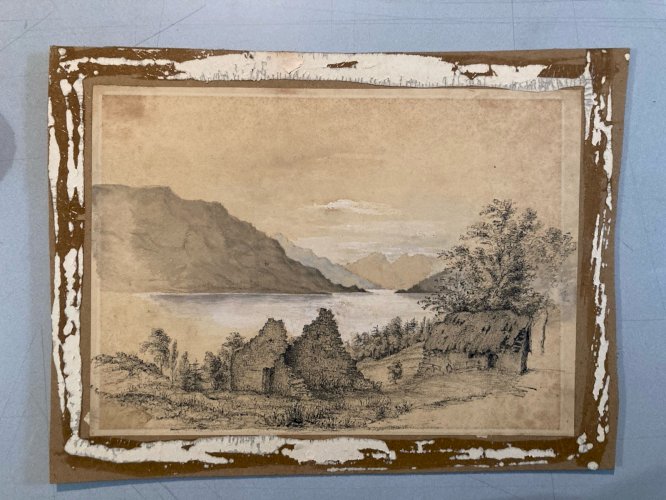 Dessin XIXe 1850 Encre A Identifier Paysage Lac Ancien Arbre Ancien