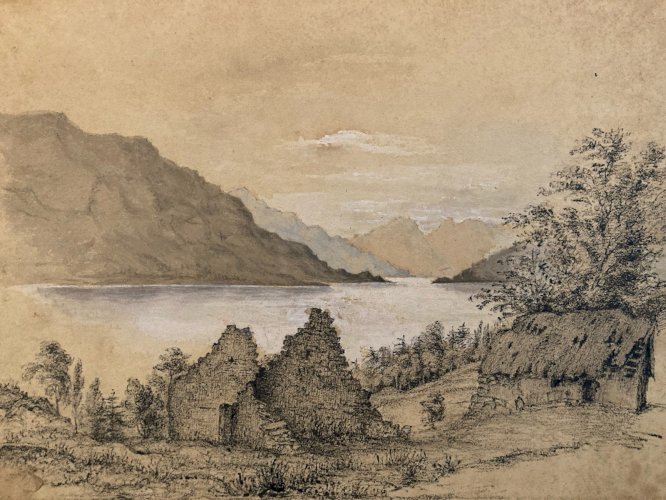 Dessin XIXe 1850 Encre A Identifier Paysage Lac Ancien Arbre Ancien