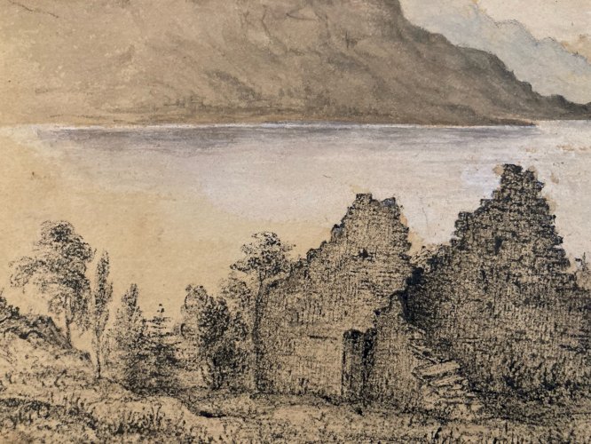 Dessin XIXe 1850 Encre A Identifier Paysage Lac Ancien Arbre Ancien