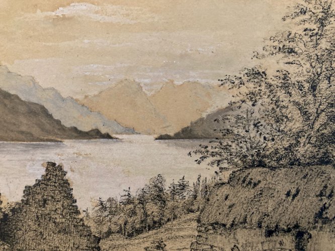 Dessin XIXe 1850 Encre A Identifier Paysage Lac Ancien Arbre Ancien