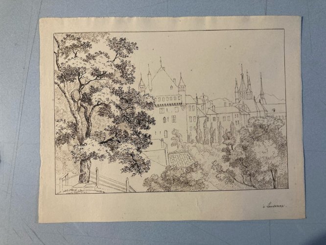 Dessin XIXe 1850 Encre A Identifier Paysage Lausanne Ancien Arbre Art