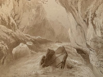 Drawing 19th Century 1850 Ink Wash Old Tree River Rock Mountain Art