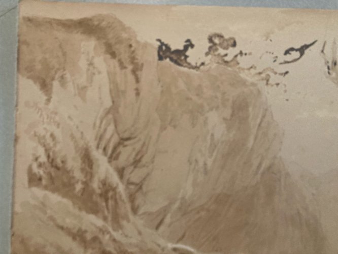 Dessin XIXe 1850 Encre Lavis Ancien Arbre Riviere Rocher Montagne Art