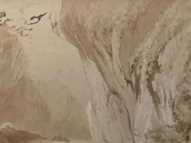 Dessin XIXe 1850 Encre Lavis Ancien Arbre Riviere Rocher Montagne Art