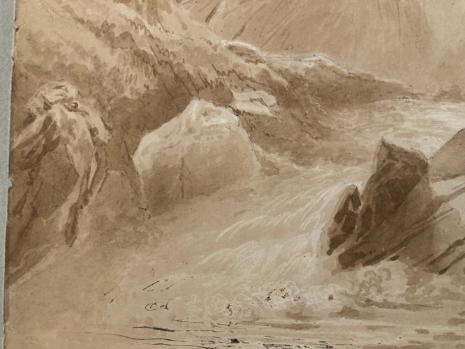 Dessin XIXe 1850 Encre Lavis Ancien Arbre Riviere Rocher Montagne Art