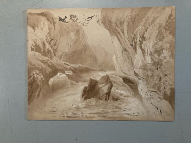 Dessin XIXe 1850 Encre Lavis Ancien Arbre Riviere Rocher Montagne Art
