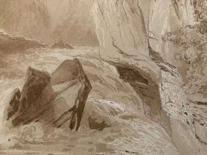 Dessin XIXe 1850 Encre Lavis Ancien Arbre Riviere Rocher Montagne Art