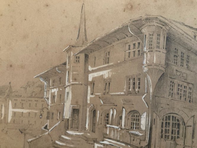 Dessin XIXe 1850 Encre Lavis Ancien Maison D Art Homme A Identifier