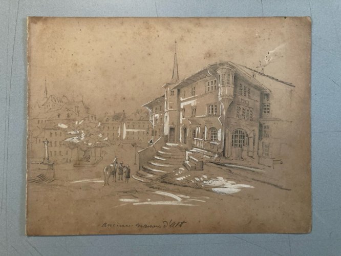 Dessin XIXe 1850 Encre Lavis Ancien Maison D Art Homme A Identifier