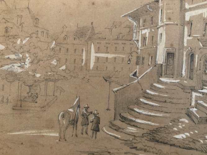 Dessin XIXe 1850 Encre Lavis Ancien Maison D Art Homme A Identifier