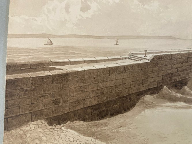 Dessin XIXe 1850 Encre Lavis Ancien Mer Phare Ocean Marine Art Bateau