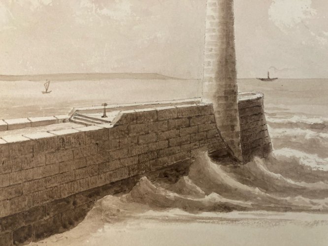 Dessin XIXe 1850 Encre Lavis Ancien Mer Phare Ocean Marine Art Bateau