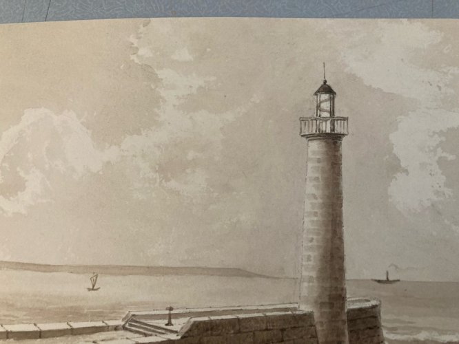 Dessin XIXe 1850 Encre Lavis Ancien Mer Phare Ocean Marine Art Bateau