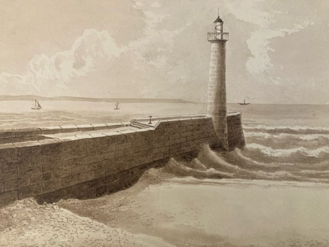 Dessin XIXe 1850 Encre Lavis Ancien Mer Phare Ocean Marine Art Bateau