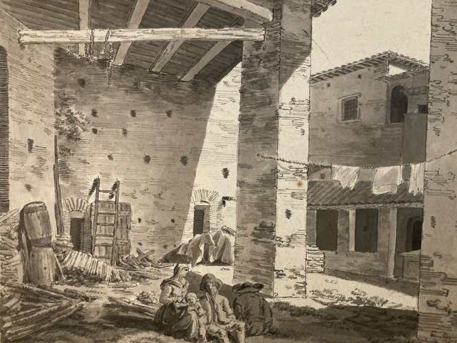 Dessin XIXe 1850 Encre Lavis Étude Ancien Maison Architecture Classique Art