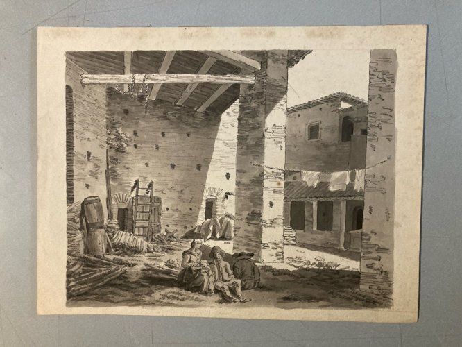 Dessin XIXe 1850 Encre Lavis Étude Ancien Maison Architecture Classique Art