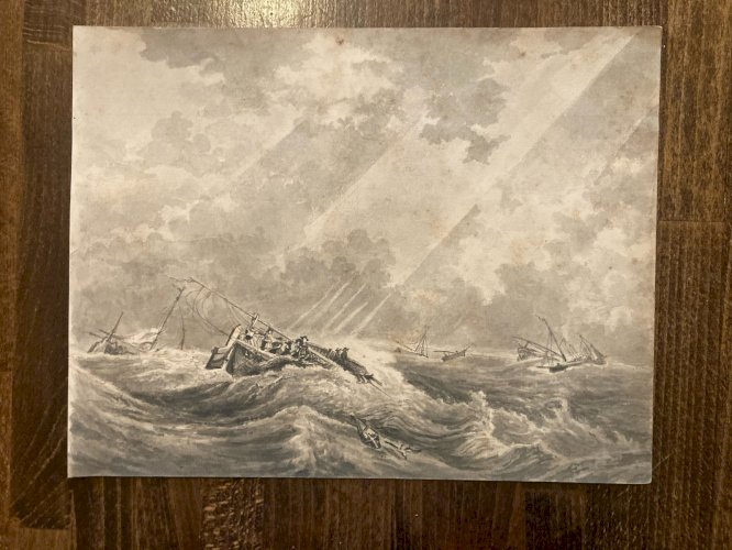 Dessin XIXe 1850 Encre Lavis Mer Marine Naufrage Bateau Barque Peinture