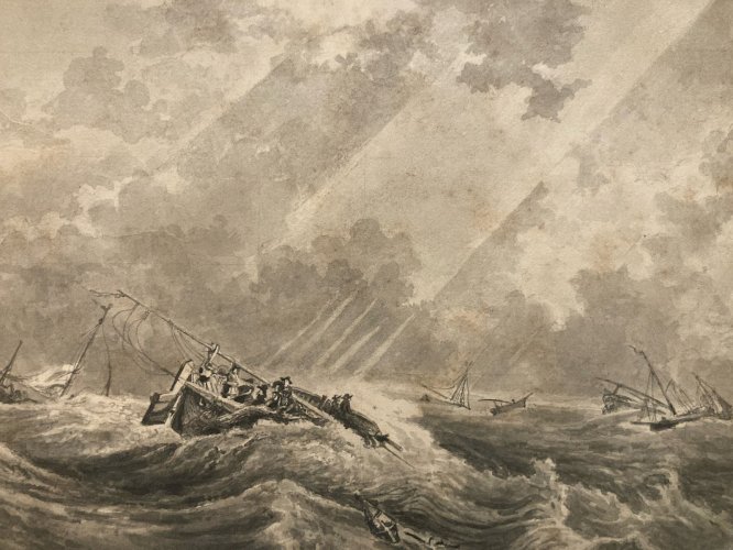 Dessin XIXe 1850 Encre Lavis Mer Marine Naufrage Bateau Barque Peinture