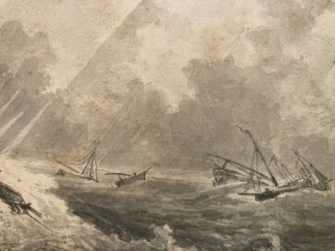 Dessin XIXe 1850 Encre Lavis Mer Marine Naufrage Bateau Barque Peinture