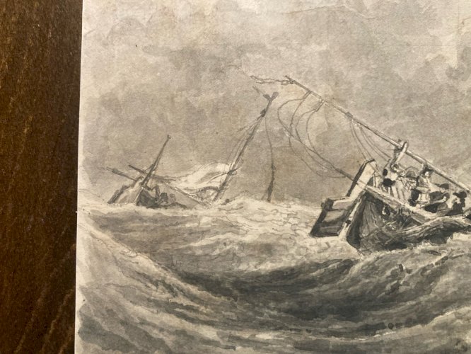 Dessin XIXe 1850 Encre Lavis Mer Marine Naufrage Bateau Barque Peinture