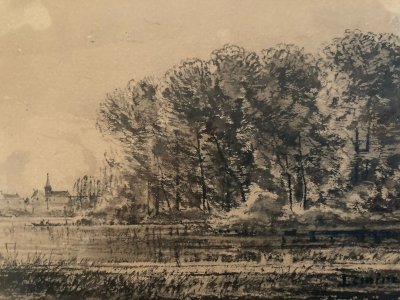 Drawing XIX 1850 Charcoal pencil Landscape Old Village To Identify Art
