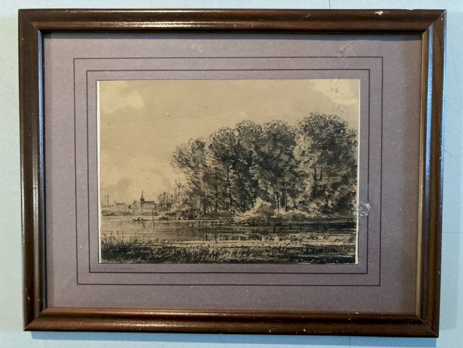 Dessin XIXe 1850 Fusain crayon Paysage Ancien Village A Identifier Art