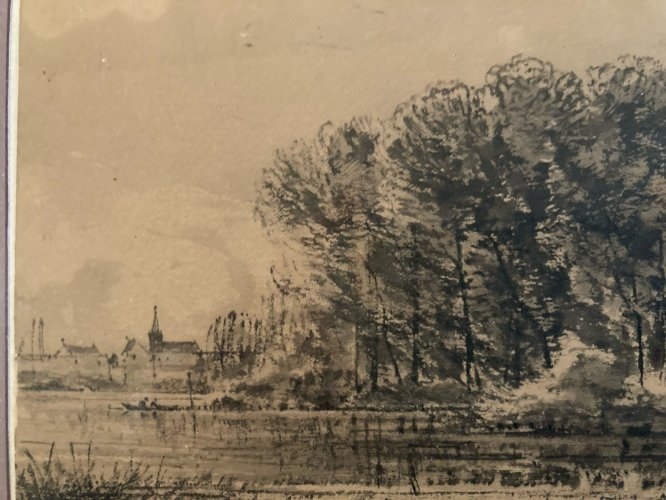Dessin XIXe 1850 Fusain crayon Paysage Ancien Village A Identifier Art