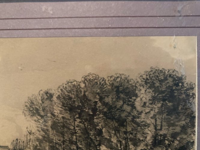 Dessin XIXe 1850 Fusain crayon Paysage Ancien Village A Identifier Art