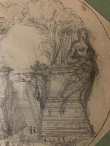 Dessin XIXe 1850 mine de plomb crayon Paysage Escalier Architecture