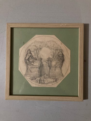 Dessin XIXe 1850 mine de plomb crayon Paysage Escalier Architecture