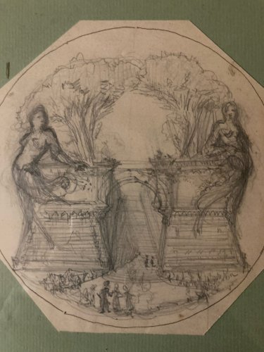 Dessin XIXe 1850 mine de plomb crayon Paysage Escalier Architecture