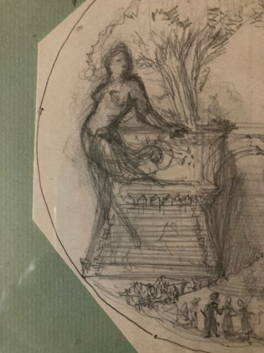 Dessin XIXe 1850 mine de plomb crayon Paysage Escalier Architecture