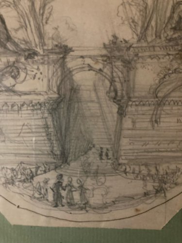 Dessin XIXe 1850 mine de plomb crayon Paysage Escalier Architecture