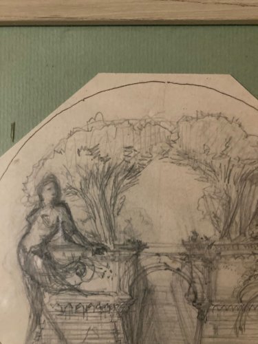 Dessin XIXe 1850 mine de plomb crayon Paysage Escalier Architecture