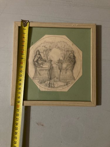 Dessin XIXe 1850 mine de plomb crayon Paysage Escalier Architecture