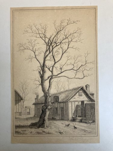 Dessin XIXe 1850 mine de plomb crayon Paysage  Ferme Poule Animal Art