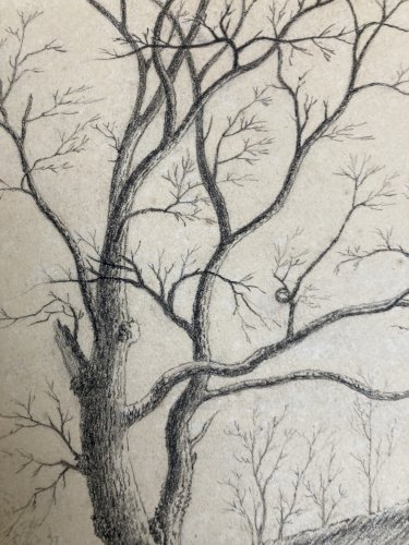 Dessin XIXe 1850 mine de plomb crayon Paysage  Ferme Poule Animal Art