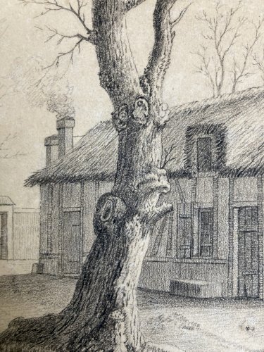 Dessin XIXe 1850 mine de plomb crayon Paysage  Ferme Poule Animal Art