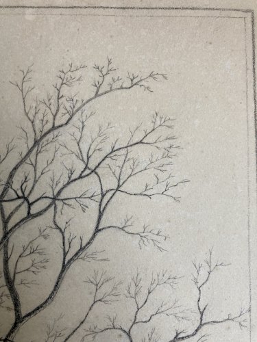 Dessin XIXe 1850 mine de plomb crayon Paysage  Ferme Poule Animal Art