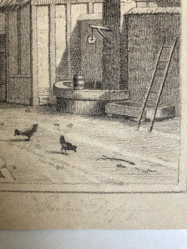 Dessin XIXe 1850 mine de plomb crayon Paysage  Ferme Poule Animal Art
