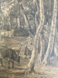 Drawing XIX 1850 graphite pencil Landscape Forest Ancient Cow Art