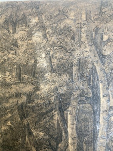 Dessin XIXe 1850 mine de plomb crayon Paysage Forêt Ancien Vache Art