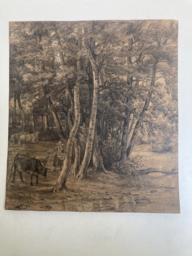 Dessin XIXe 1850 mine de plomb crayon Paysage Forêt Ancien Vache Art