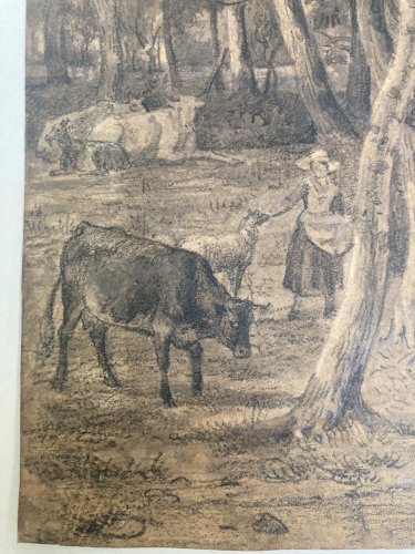Dessin XIXe 1850 mine de plomb crayon Paysage Forêt Ancien Vache Art
