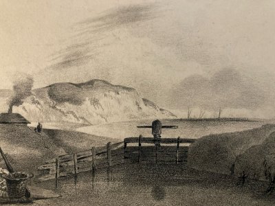 Dessin XIXe 1850 mine de plomb crayon Paysage  Mer Lac Ocean Falaise