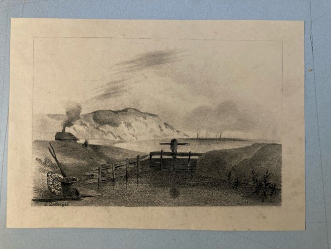 Dessin XIXe 1850 mine de plomb crayon Paysage  Mer Lac Ocean Falaise