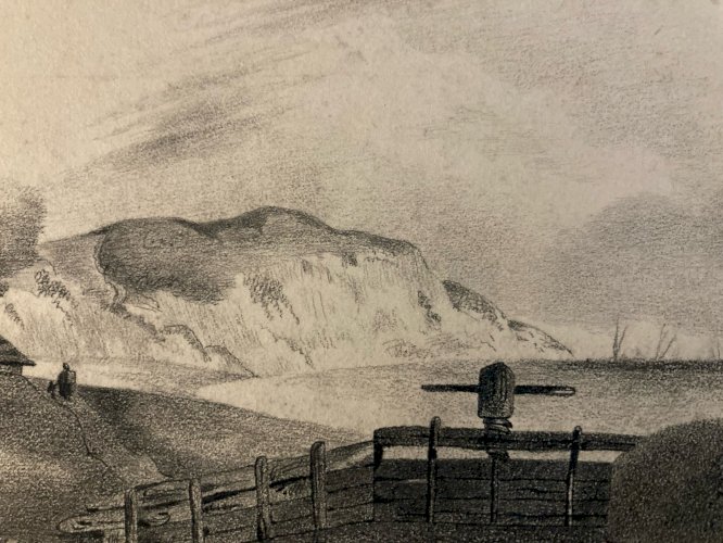 Dessin XIXe 1850 mine de plomb crayon Paysage  Mer Lac Ocean Falaise
